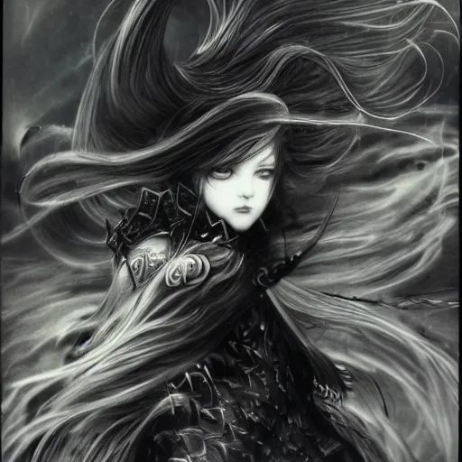 Prompt: yoshitaka amano blurred and dreamy illustration of an anime girl with black eyes, wavy white hair fluttering in the wind wearing elden ring armor and engraving, abstract black and white patterns on the background, noisy film grain effect, highly detailed, renaissance oil painting, weird portrait angle, blurred lost edges, three quarter view