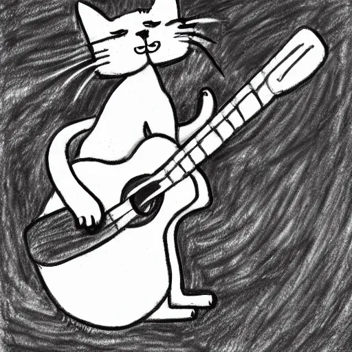 Prompt: a drawing of a cat playing the guitar