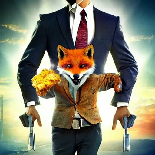 Image similar to hdr quality poster for an action movie fearing cool looking anthropomorphic male fox in suit, stealing lots of fried chicken, promotional media