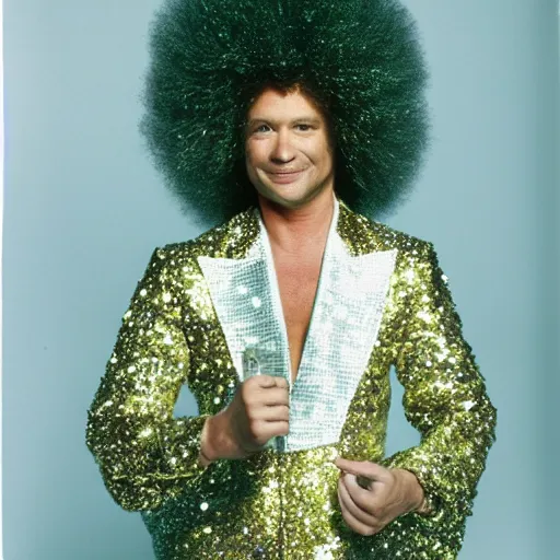 Image similar to uhd candid photo of disco stu wearing disco suit, intricate disco costume. photo by annie leibowitz
