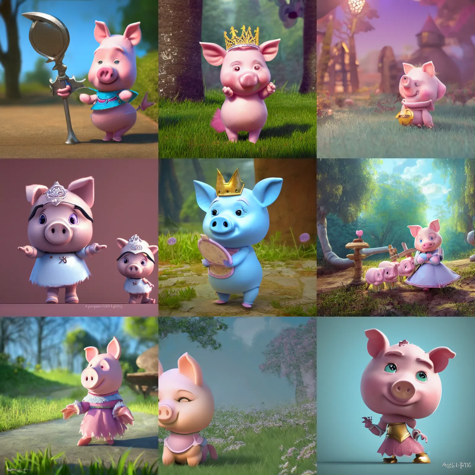 Prompt: very cute and adorable little anthropomorphic piggy knight princess, piglet, cartoon , fantasy forest, pale blue armor, cute and adorable, pretty, Dysney, Pixar style, photorealistic, 3d render, octane render, HDR, 8k, unreal engine, highly detailed, DeviantArt Artstation, by Pit Baldriz, cinematic lighting