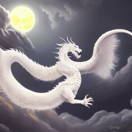 Prompt: a painting of a long white chinese dragon dancing in front of the moon, illustration, shiny, full resolution, full lights, sharp focus, Artstation, intricate, ethereal, highly detailed, smooth,