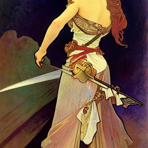 Image similar to female pirate, painted by alphonse mucha