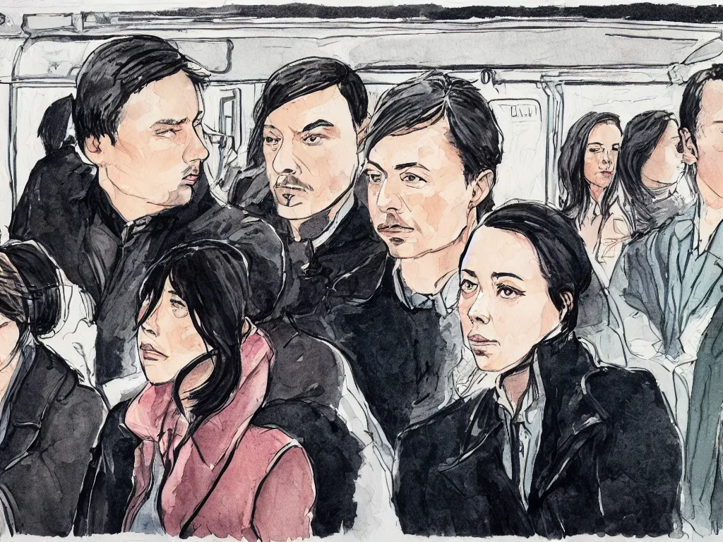 Prompt: a tight detailed ink and watercolor drawing in the style of Adrian Tomine, 3/4 low view close shot of two people sitting in a Chicago subway train: a sad Aubrey Plaza in a parka and a friendly Mads Mikkelsen in a suit