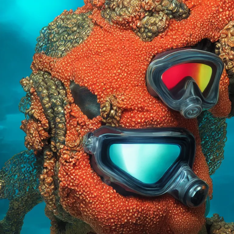 Image similar to octane render portrait by wayne barlow and carlo crivelli and glenn fabry, subject is a shiny reflective colorful tactical special forces scuba diver with small dim lights inside helmet, surrounded by bubbles inside an exotic alien coral reef aquarium full of exotic fish and sharks, cinema 4 d, ray traced lighting, very short depth of field, bokeh