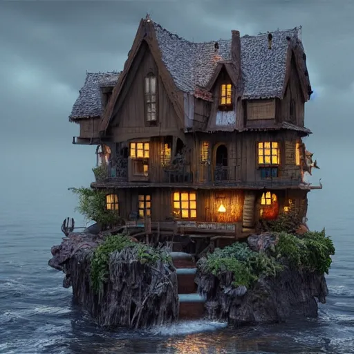 Image similar to a witches house on the ocean, epic scene, fantasy, redshift render, cgi, hyper - detailed, photo - bash, 8 k post - production, masterpiece