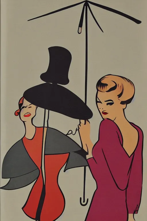 Image similar to mid century modern art 5 0 s atomic lady and umbrella by bernard simunovic