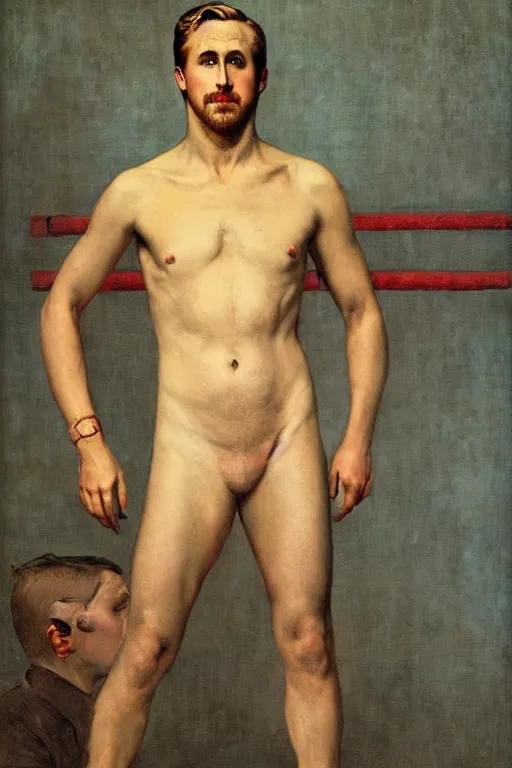 Prompt: body portrait of ryan gosling posing as a wrestler, colour painting by norman rockwell, guidi prime background by carl spitzweg