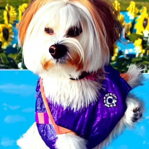 Image similar to cream - colored havanese dog as beyonce at coachella