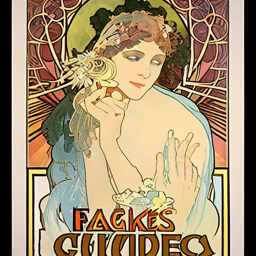 Prompt: The goddess of Fake News poster by Alphonse Mucha