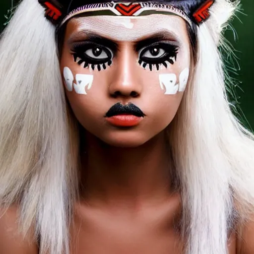 Image similar to hot tribal warrior cute girl big eyes pouty lips tanned skin white hair