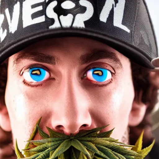 Image similar to close up photograph of very high on weed fortnite guy, stoner eyes, fortnite guy smoked weed, weed background, smoking a blunt, 8 k resolution