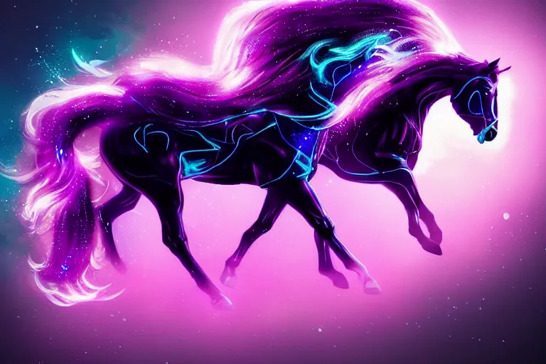 Image similar to a stunning horse with bioluminescent mane and tail running in space by sandra chevrier and greg rutkowski, neon hooves, purple blue color scheme, vaporware, retro, outrun, high key lighting, volumetric light, digital art, highly detailed, fine detail, intricate, ornate, complex, octane render, unreal engine, photorealistic