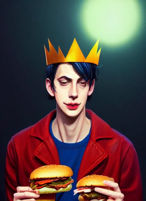 Image similar to portrait of jughead jones, eating a hamburger, wearing a crown, eyes closed, intricate, elegant, glowing lights, highly detailed, digital painting, artstation, concept art, smooth, sharp focus, illustration, art by wlop, mars ravelo and greg rutkowski