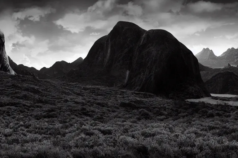 Prompt: a sublime black and white landscape photograph with a giant monster in the distance, in the style of ansel adams, octane render 8 k