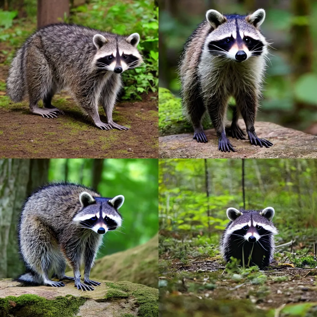 Prompt: a raccoon standing on its hind legs in a forest