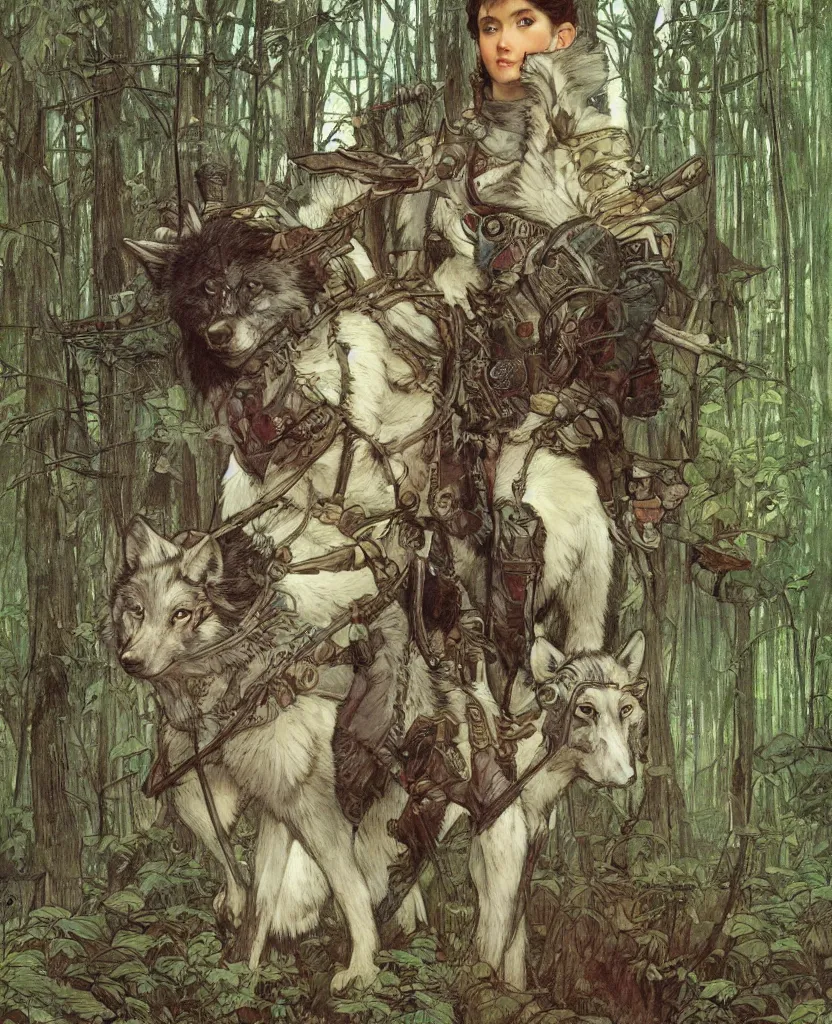 Image similar to portrait of Princess Mononoke, wolves, fully clothed in armor, lush forest, neon, concept art, schematics, painted by norman rockwell, mucha, james gurney, high detail, denoised, sharp, architectural