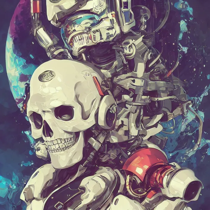 Image similar to anime skull portrait space pirate captain, futuristic science fiction, mucha, hard shadows and strong rim light, art by jc leyendecker and atey ghailan and sachin teng