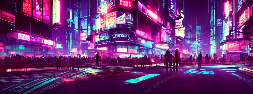 Prompt: A magnificient dark neon futuristic cyberpunk city bustling street at night made in cinema4d, masterpiece, hyper realistic, extreme details, cinematic