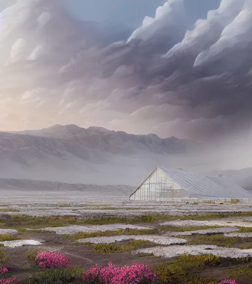 Image similar to a matte painting of a white biroremediation architecture, greenhouse in the mining tailings in the desert, prairie, cottage town, foggy, patchy flowers, oil painting, pale colors, high detail, 8 k, wide angle, trending on artstation, behance