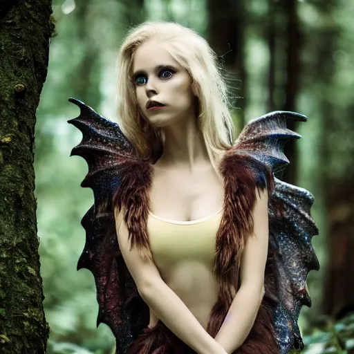 Image similar to very pretty blond dragon girl with huge dragon wings in a dark forest, perfect symmetrical face, shallow depth of field, moody lighting, single point of light, 8 k, ultra realistic, in the style of martina fackova,