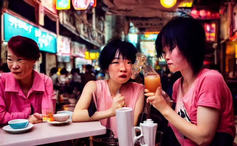 Image similar to cinestill 5 0 d candid photographic portrait by helen levitt of two android women sharing a drink at a cafe in cyberpunk china, extreme closeup, modern cyberpunk, dust storm, 8 k, hd, high resolution, 3 5 mm, f / 3 2, ultra realistic faces, intricate detail, ex machina