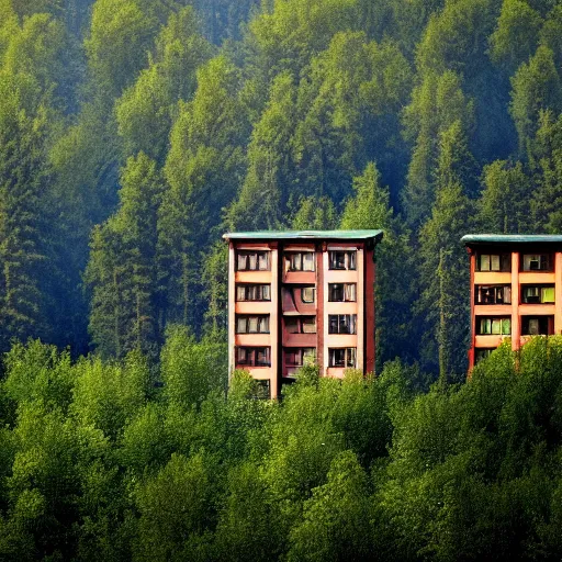 Image similar to national geographic photo of cute soviet block of flats in forest by ivan shishkin, bokeh