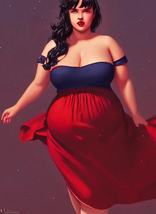 Image similar to full body portrait of teenage veronica lodge, obese, bangs, sultry, realistic, sultry smirk, wavy hair, red skirt, fat, belly, intricate, elegant, glowing lights, highly detailed, digital painting, artstation, concept art, smooth, sharp focus, illustration, art by wlop, mars ravelo and greg rutkowski