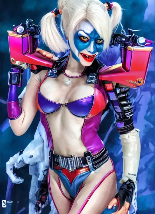 Prompt: Harley Quinn as a Decepticon designed by Hajime Sorayama and Shōji Kawamori, utlra-detailed rendering, many small details, laughing, colorful, artstation trending, conceptart.com