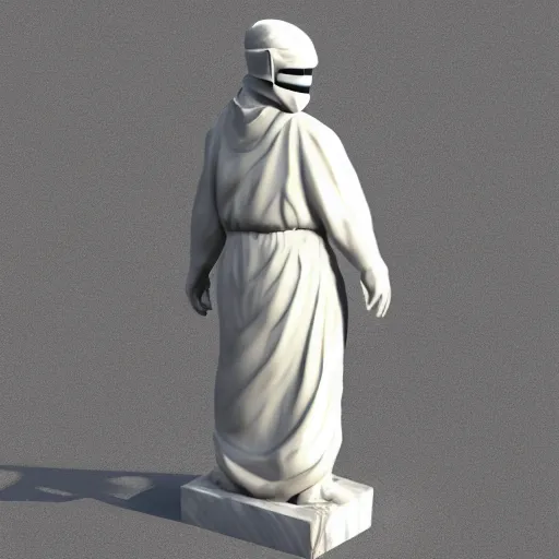 Image similar to 3 d rendering of marble statue of ninja wearing full face mask and hunter hat, combat suit, technological, all marble