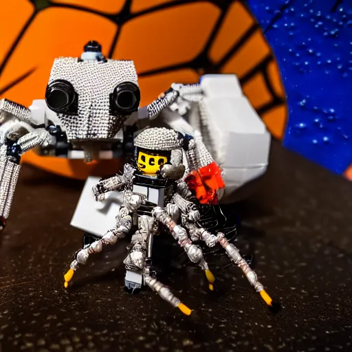 Image similar to lego astronaut with real live spider ( eos 5 ds r, iso 1 0 0, f / 8, 1 / 1 2 5, 8 4 mm, postprocessed, bokeh )
