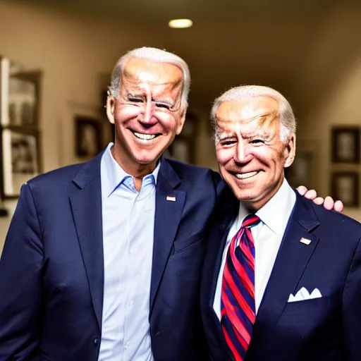 Image similar to A photo of joe biden teams up with a teenage joe biden, perfect faces, 50 mm, award winning photography