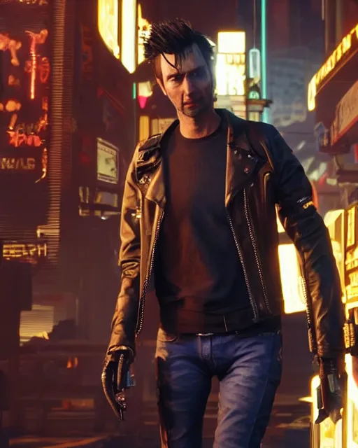 Prompt: David Tennant in the role of Johnny Silverhand from Cyberpunk 2077, amazing short, 8K, IMAX, ultra detailed