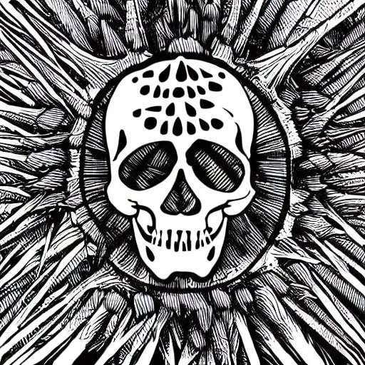 Image similar to dark death metal themed vector illustration for a record label, trees. forest, spikes, skull, microphone, skull, award winning, grunge, iconic, golden ratio