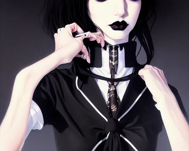 Image similar to a ultradetailed beautiful portrait panting of a stylish goth woman, wearing a shirt with a tie, dramatic, she has black hair, fashion, by hajime sorayama, makoto shinkai, greg rutkowski and conrad roset, trending on artstation