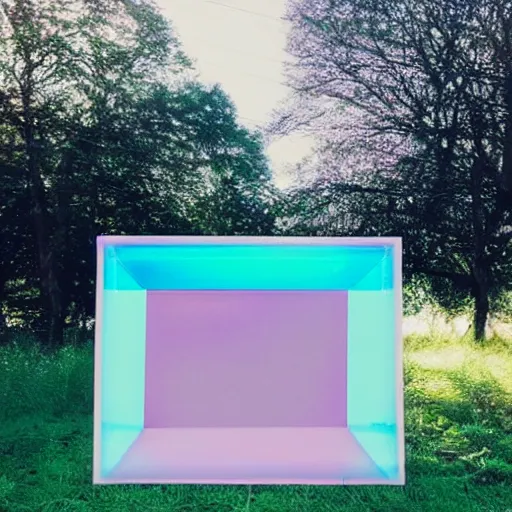 Image similar to a pastel coloured Polaroid photo of a minimalist sunbed made of transparent iridescent perspex stood in a field, beams of light, nostalgic