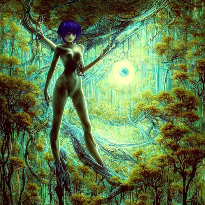 Image similar to dreamscape forest rei ayanami with horns, the moon in the woods, earth from the moon, fractal, liminal space, Japan Lush Forest, Leviathan awakening from Japan in a Radially Symmetric Alien Megastructure turbulent bismuth glitchart Luminism Romanticism by John William Waterhouse Atmospheric Cinematic Environmental & Architectural Design recusion mandelbulb fractal wisdom acrylic pouring