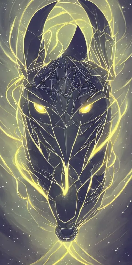 Image similar to geometric symmetrical jolteon with galaxy eyes in space, nebula in the background, intricate, elegant, highly detailed, digital painting, artstation, concept art, smooth, sharp focus, illustration, art by artgerm