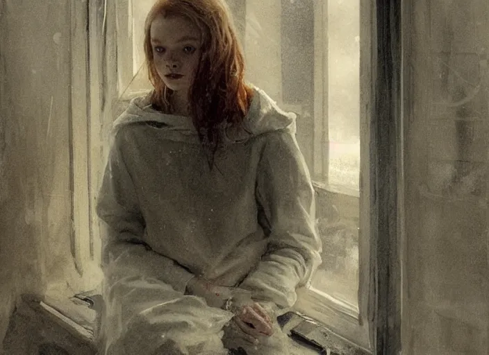 Prompt: sadie sink in hoodie sits on windowsill, knees tucked in | rain falls at night : storyboard, scifi cyberpunk. art by anders zorn, wonderful masterpiece by greg rutkowski, beautiful cinematic light, american romanticism by greg manchess, jessica rossier