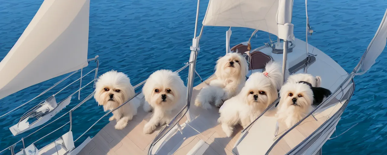 Image similar to a cream - colored havanese dog and shih tzu, sailing on a luxury yacht, detailed, atey ghailan, goro fujita, studio ghibli, rim light, exquisite lighting, clear focus, very coherent,