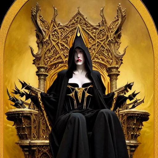 Image similar to full body portrait of a hooded beautiful vampire queen in gold gothic robes sitting on a throne of bones, elegant, highly detailed painting by gaston bussiere, craig mullins, j. c. leyendecker, 8 k, mid shot