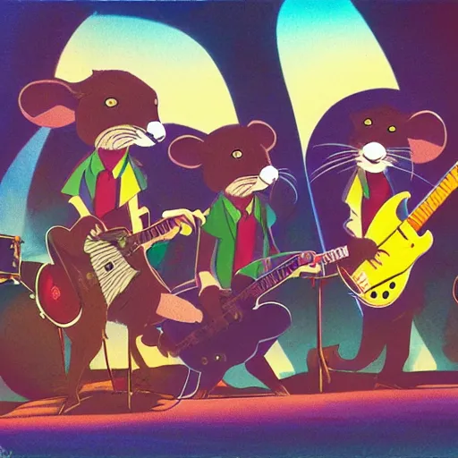 Prompt: rats playing in a rock band inspired by the beatles, wholesome, ghibli and disney animation, sharp, art by ken anderson and mel shaw, dramatic lighting, brown palette, high detail