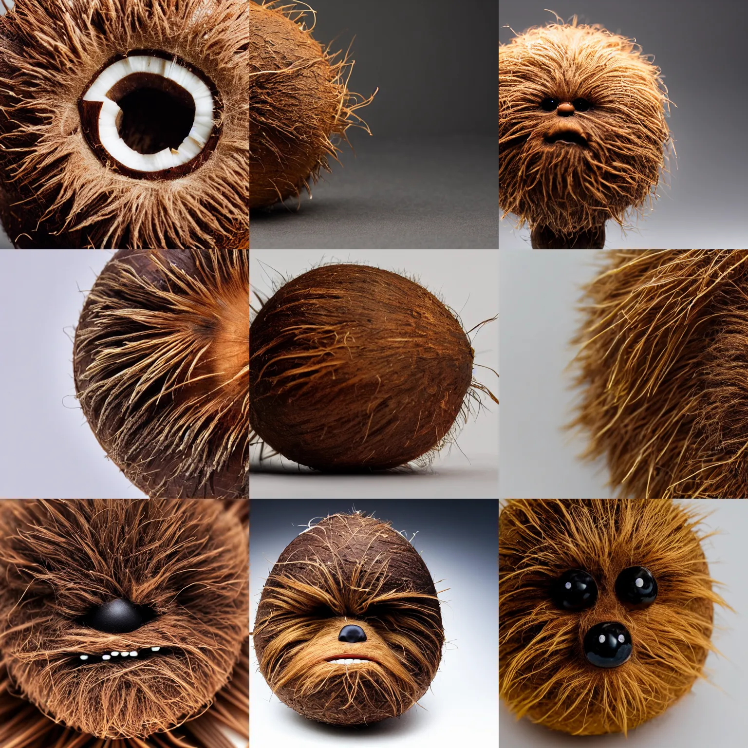 Image similar to a coconut that looks like chewbacca, macro lens, high quality, studio lighting