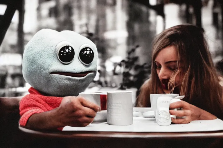 Image similar to girl drinking coffee with pepe the frog in a cafe, 8 0 s style, cinematographic photo