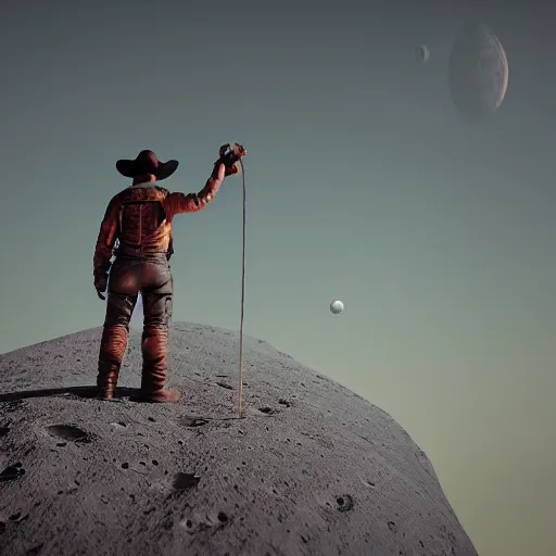 Image similar to cowboy on the moon, standing pose, planet earth background, photorealistic, octane render, blender render, unreal engine, 3 5 mm