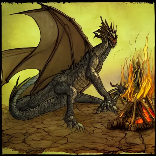 Prompt: wingless dragon telling a story around a campfire, in the style of brian froud