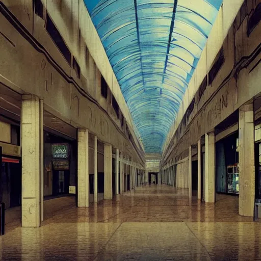 Image similar to concept art of an empty mall from the 1 9 8 0 s, by greg rutkowski