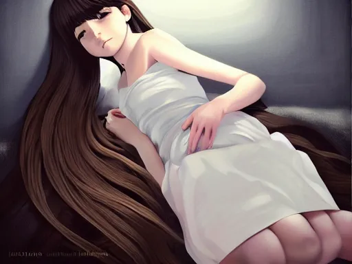 Prompt: room with an little girl with an long black hair dressed in a simple white dress sleeping, anime art style, digital art ilya kuvshinov, inspired by balthus, hd, 4 k, hyper detailed, dark, anatomically correct, angelic face