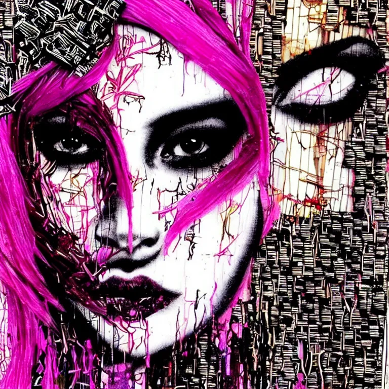 Image similar to a beautiful face gothic girl, pink hair in a stunning black dress playing a piano by el anatsui and carne griffiths