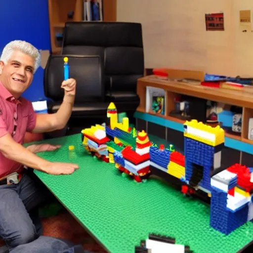 Image similar to Yair Lapid playing with legos in his office, detailed